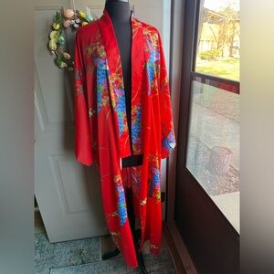 Vintage Japanese peacock embroidered red kimono, one size